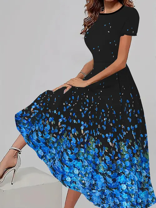 Trendy Casual All matching Floral Pattern Short Sleeve Round Neck Dress Wf008Rq250226Y055 - Shop at LoveMi