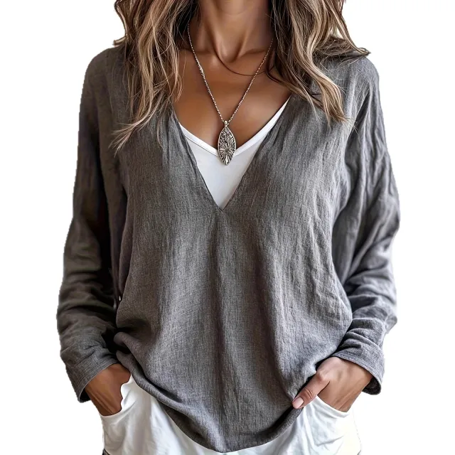Elegant Gray V Neck Linen Long Sleeve Shirt Gray - Shop at LoveMi