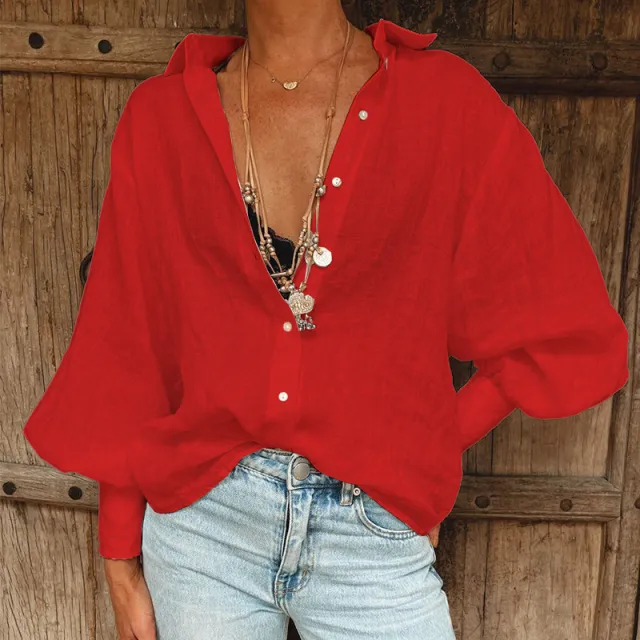 Women's Loose Cardigan Long Sleeve Cotton And Linen Red - Shop at LoveMi