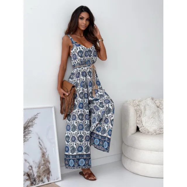 Women's Fashion Bohemian Strap One piece Wide leg Pants Blue And White Feather - Shop at LoveMi