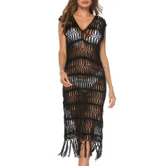 Long Skirt Hollow-out Beaded Shirt Hand Crocheting V-neck Bikini Beach Cover - Black - View 1