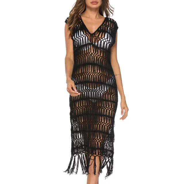 Long Skirt Hollow out Beaded Shirt Hand Crocheting V neck Bikini Beach Cover Black - Shop at LoveMi