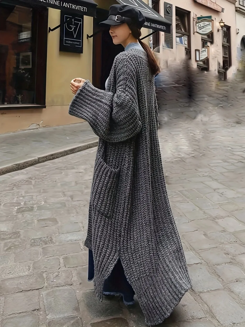 Women's Winter Extended Thick Thread Sweater Coat Loose Slit Knit Cardigan - Dark Gray