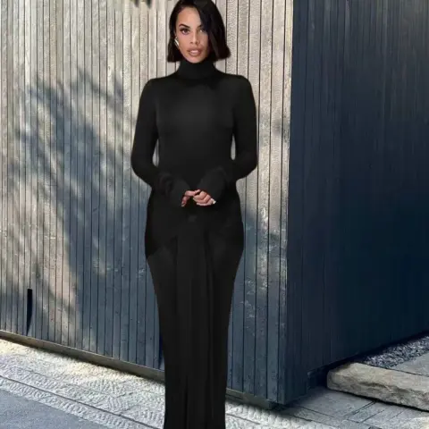 High Collar Solid Color High-end Lace-up Design Dress