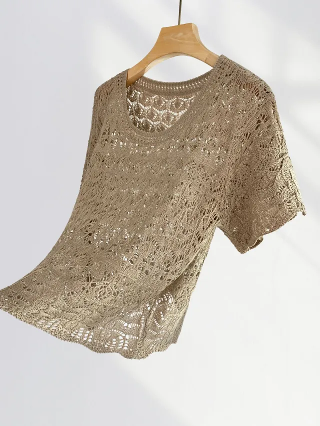 Hollow Knitted Short sleeved Shirt Camel Top - Shop at LoveMi