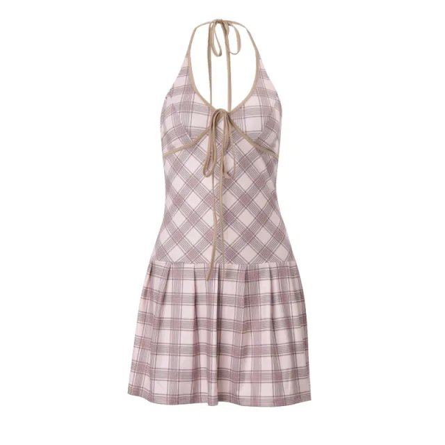 Fashionable Sweet And Spicy V neck Strappy Color blocking Checkered Halter neck Dress Red - Shop at LoveMi