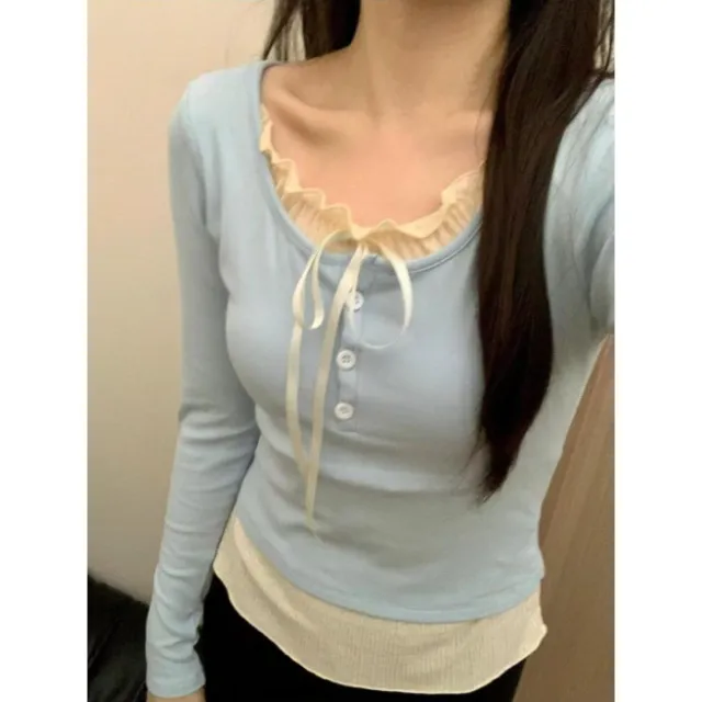 Pure Desire Lace Inner Match Bottoming Shirt Blue - Shop at LoveMi