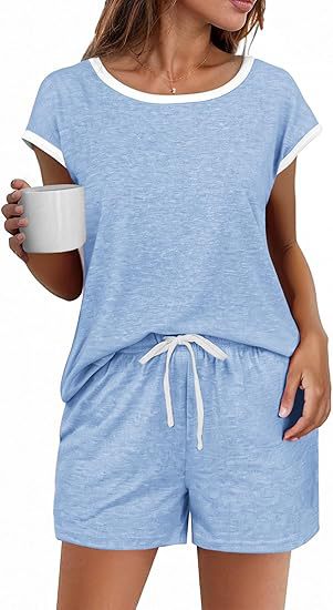 Short Sleeve Color block Crew Neck Top Waist Drawstring Suit Blue - Shop at LoveMi