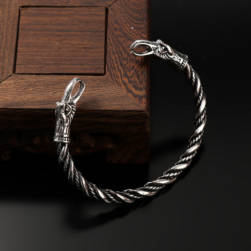 Vintage Viking Raven Open-End Bracelet For Men