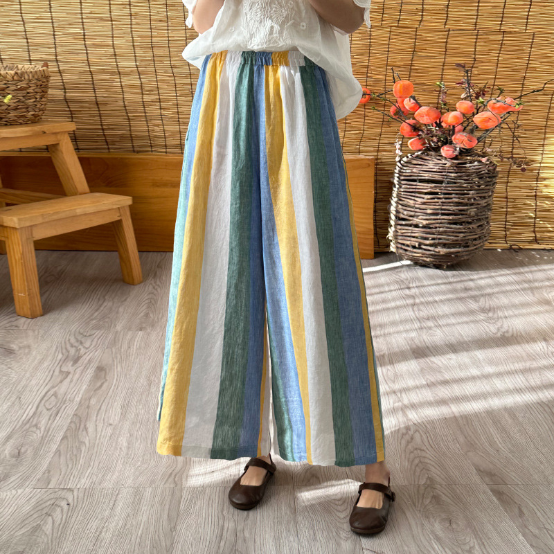 Colorful Stripes Linen Wide-leg Pants Drape Spring And Summer New Large Size Cotton Linen Pants Loose Color Matching
