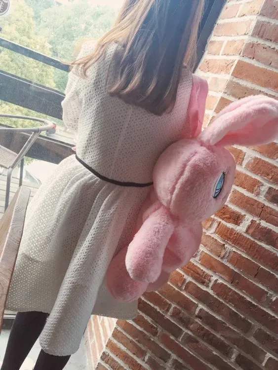 Rabbit Cute Furry Big Eyes Backpack Shoulder Travel Bag Pink - Shop at LoveMi