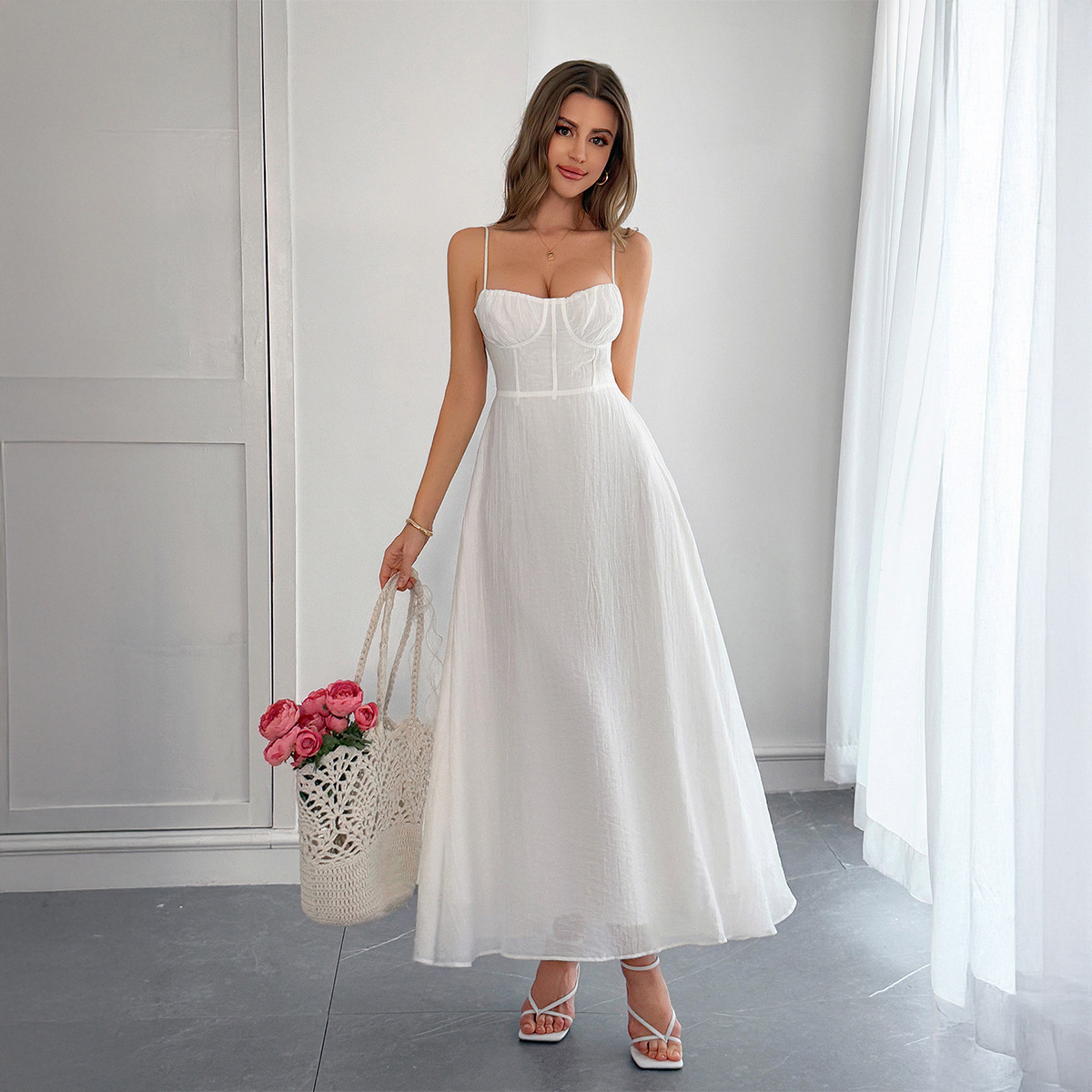 French Elegant Small Sling Solid Color Senior Dress Women White - Shop at LoveMi