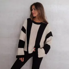 Sweater Ins Style Loose Plus Size Vertical Stripes Contrast Color Round Neck Knitwear Pullover - Black - View 1