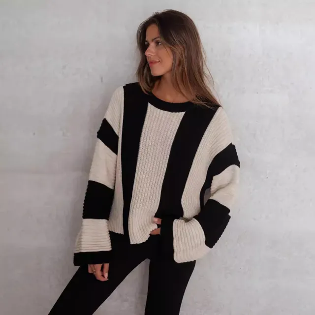 Sweater Ins Style Loose Plus Size Vertical Stripes Contrast Color Round Neck Knitwear Pullover Black - Shop at LoveMi