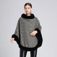 Women's Imitation Rabbit Fur Collar Shawl Cape Loose Pullover - Black - View 1