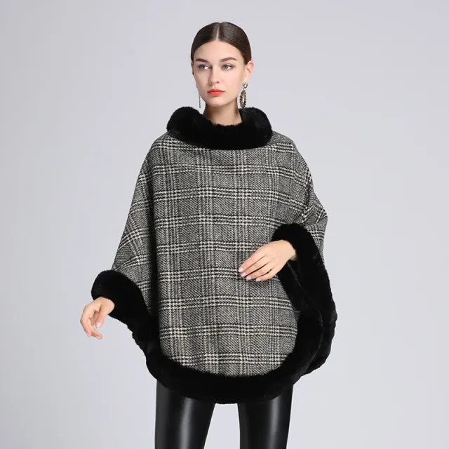 Women's Imitation Rabbit Fur Collar Shawl Cape Loose Pullover Black - Shop at LoveMi