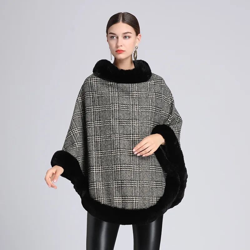 Women's Imitation Rabbit Fur Collar Shawl Cape Loose Pullover - Black