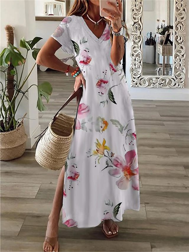 Women's Casual Short sleeved Printed Loose Stitching Extra Long Dress Lyq04H2403051602 - Shop at LoveMi