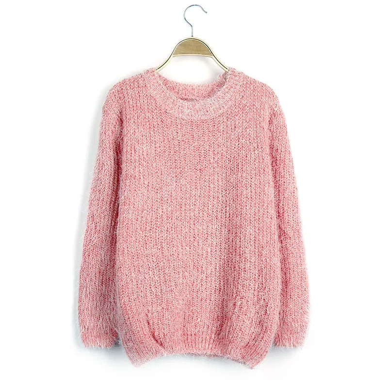Women's Loose Candy Colored Mohair Pullover Sweater - Pink