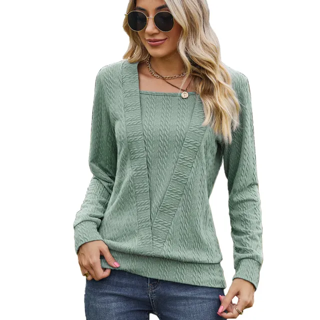 Square Collar Cross Loose Long sleeved T shirt Top For Women Green - Shop at LoveMi