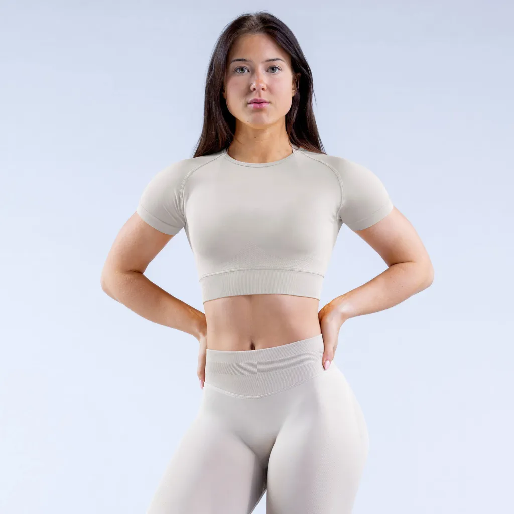 Nylon Fabric High Wicking Fitness Short Sleeve - Feather Rice-L