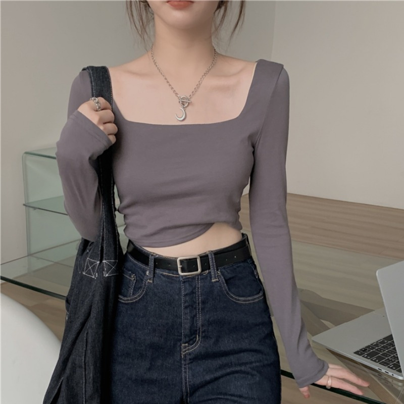 Women's Fashion Slim Fit Square Collar Long-sleeved Bottoming Shirt Top