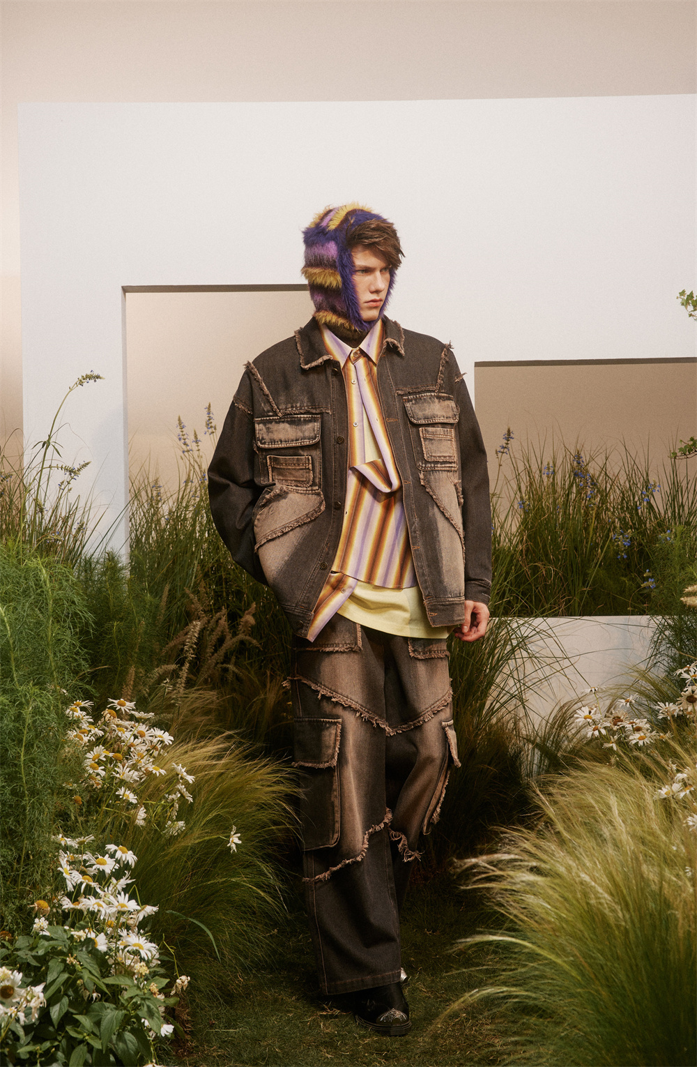 Punk Design Stitching Cat Raw-cut Edges Turn-down Collar Coat