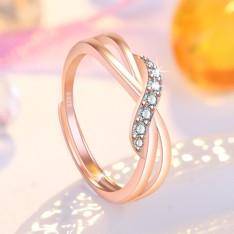 Full Diamond Wave Diamond Ring Female Rose Gold Plated Color Gold Twist Arm Curve Ring