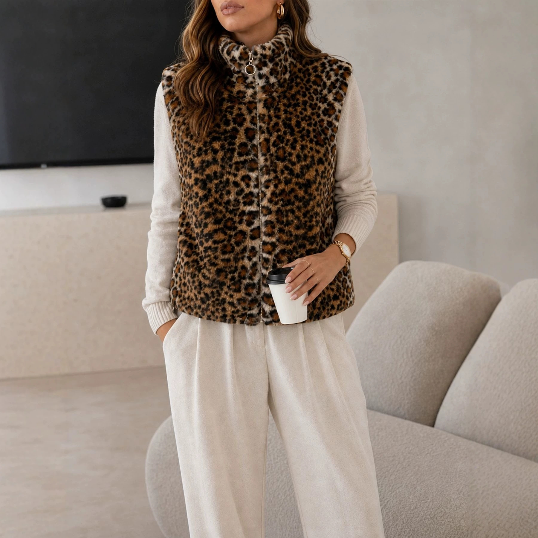 American-style Vintage Leopard-print Faux Rabbit Fur Vest For Women