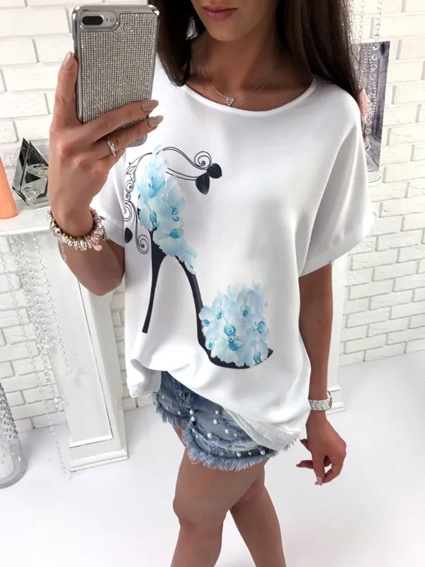 European And American Ladies High Heels Printed Loose Short Sleeve T shirt Blue - Shop at LoveMi