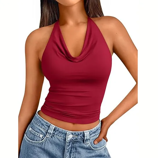 Sleeveless Slim fit Soft Halter Top Wine Red - Shop at LoveMi
