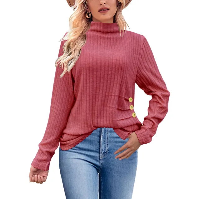 European And American Brushed Sunken Stripe Knitted Turtleneck Side Button Women's Top Wine Red - Shop at LoveMi