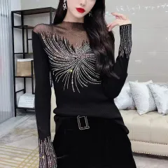 Women's Stitching Mesh Hollow Diamond All-matching Long Sleeve Top - Black A5 - View 1