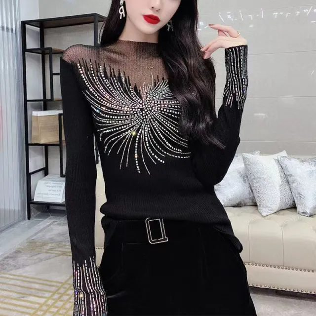 Women's Stitching Mesh Hollow Diamond All matching Long Sleeve Top Black A5 - Shop at LoveMi