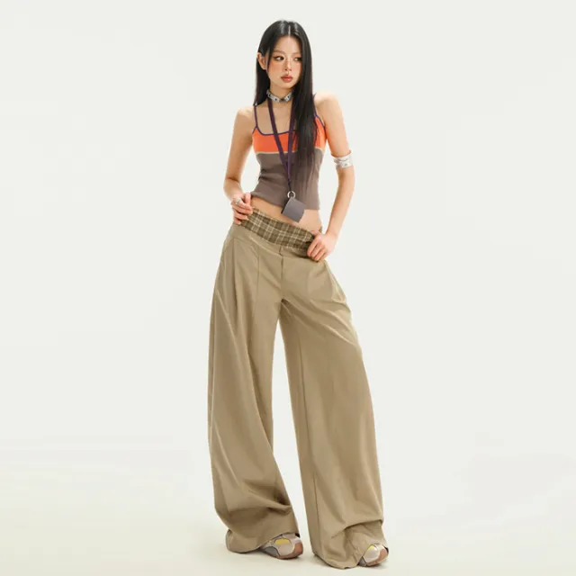 Stitching Waist Head Plaid Casual Pants Loose Wide leg Pants Khaki - Shop at LoveMi