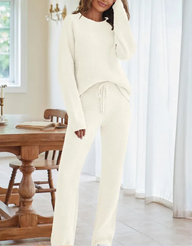 Solid Color Women's Round Neck Long Sleeve Trousers Warm Suit Beige - Shop at LoveMi