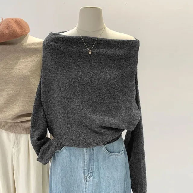 French Lazy Style Off shoulder Loose Knit Base Sweater Gray - Shop at LoveMi
