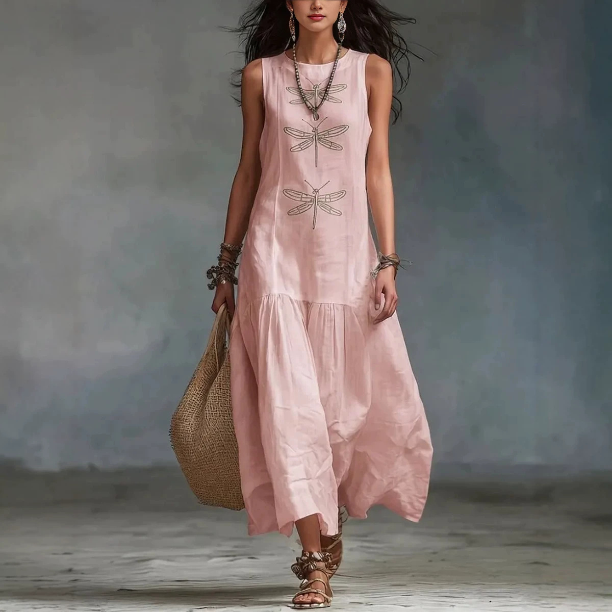 Womens Solid-Color Dragonfly Dress With Round Neck