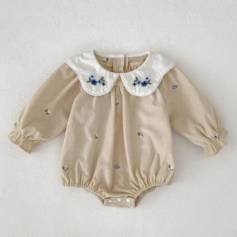 Western-style Embroidered-collar Long-sleeve Romper For Baby Girls