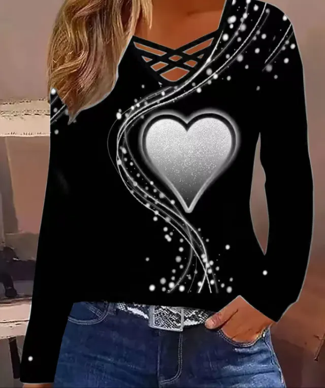 Women's Casual Long Sleeve Top With A Heart Patterned V Neck White - Shop at LoveMi
