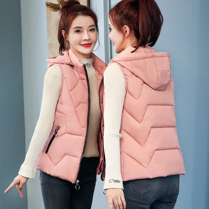 Ladies' Fashion Down Cotton Vest Short Mom Hooded Wear Warm Vest - Pink