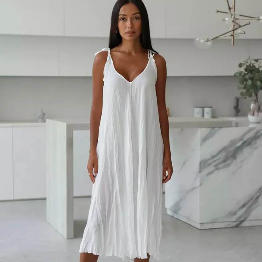 Autumn White Comfortable Sling Dress - White