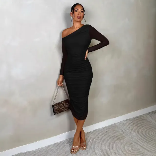 One Shoulder Mesh Long Sleeve Pleated Bodycon Dress Black - Shop at LoveMi