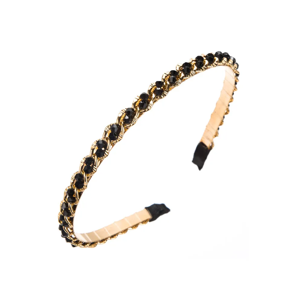 Retro Metal Korean Crystal Chain Winding Headband - Black