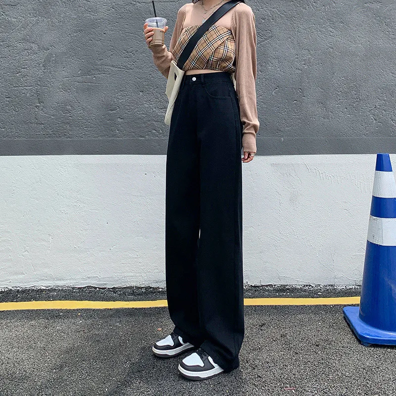 High Waist Drooping Color Loose Straight-leg Denim Women - Black