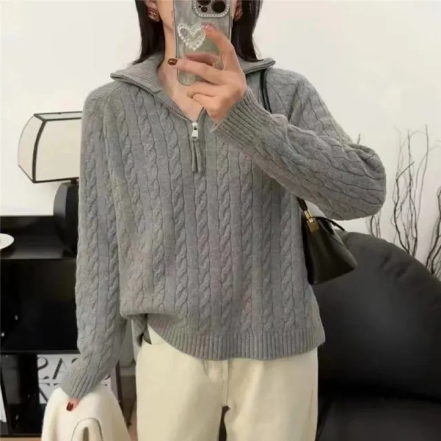 Thick Loose Outer Wear Half Turtleneck Lapel Cable knit Sweater Gray - Shop at LoveMi