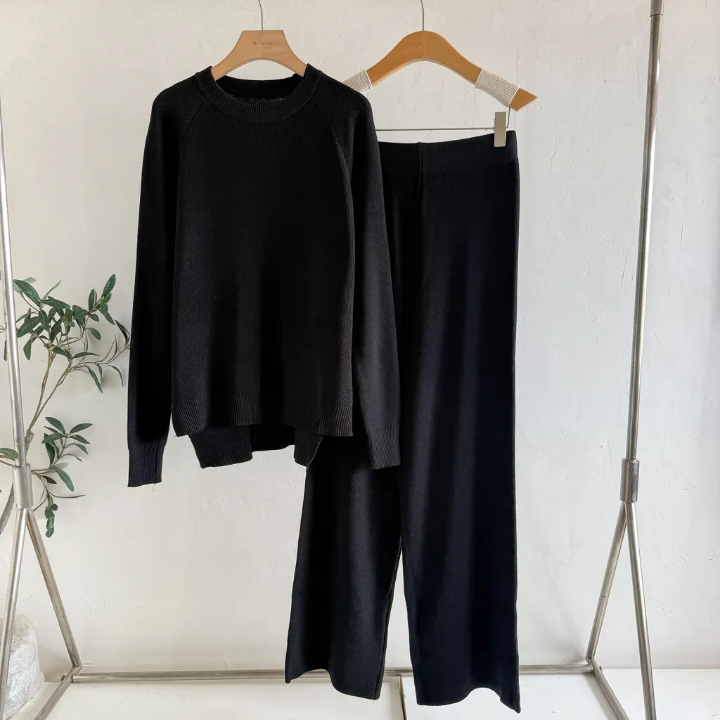 Women's Loose Knitted Long-Sleeve Crew-Neck Fashionable Wide-Leg Pants Two-Piece Set - Black
