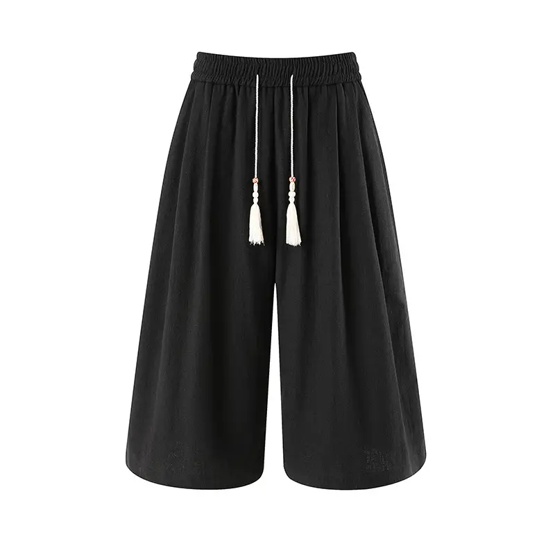 Retro Cotton-linen Wide-leg Casual Capri Pants