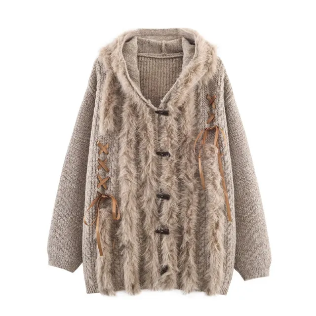 Cool Strap Decorative Hoodie Horn Button Knitted Coat Khaki - Shop at LoveMi