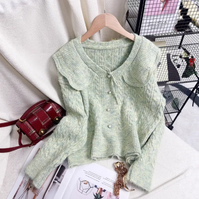Women's Solid Color Flared Collar Sweet Retro Sweater Green - Shop at LoveMi